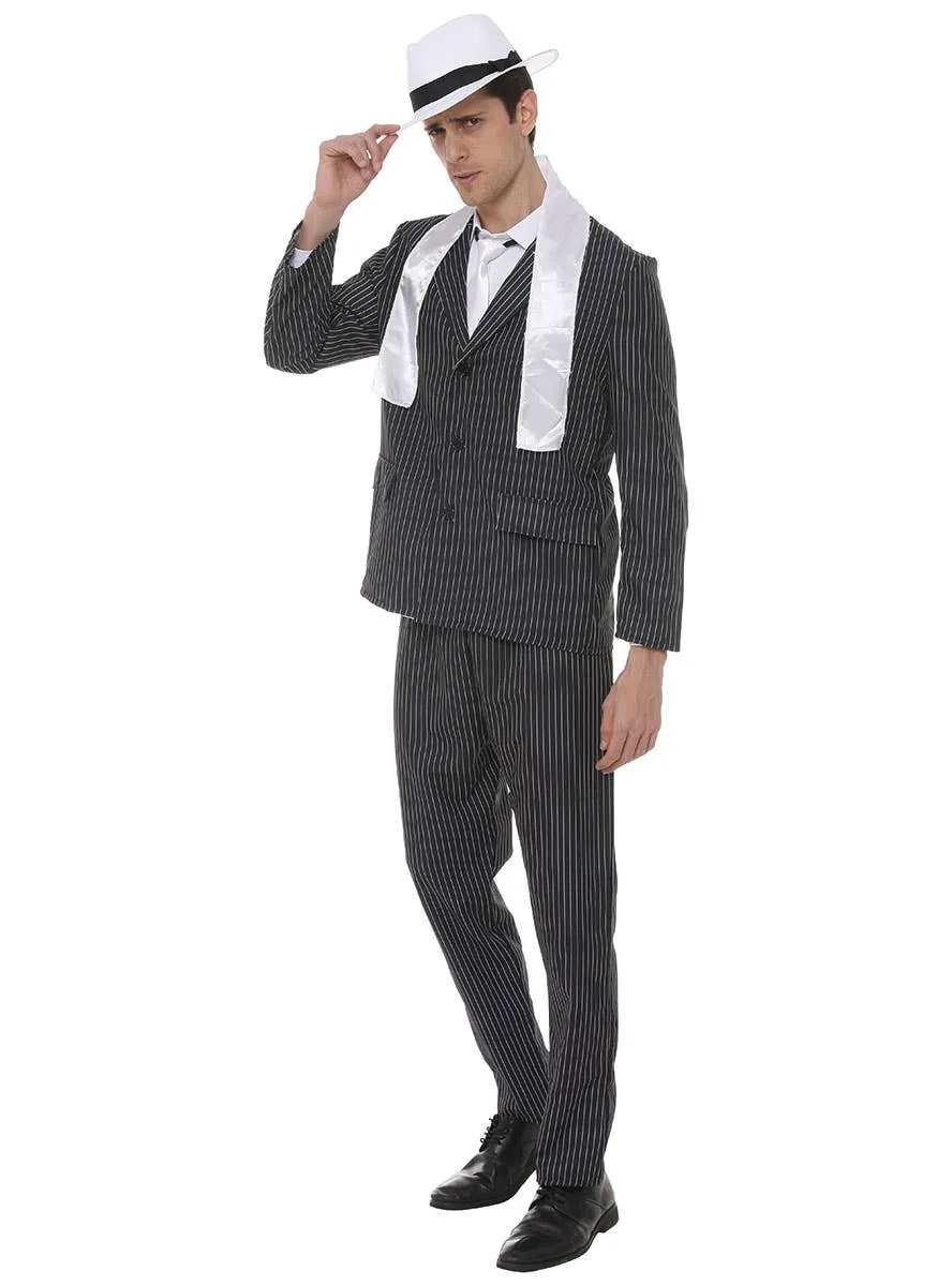 Pinstriped Black and White 1920s Gangster Mens Costume
