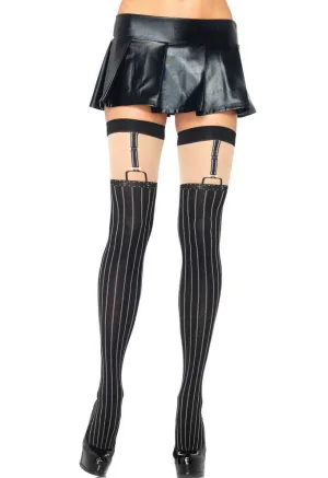 Pinstriped Opaque Suspender Look Thigh High Stockings