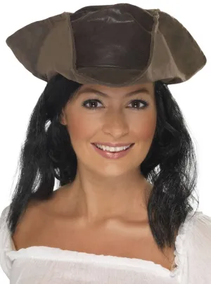 Pirate Captain Brown Leather Look Costume Hat with Hair