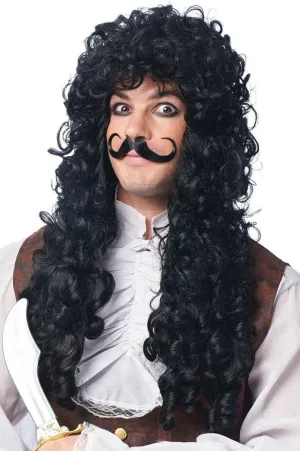 Pirate Captain Hook Long Curly Black Wig and Moustache Set