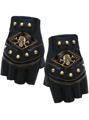 Pirate Skull Adults Fingerless Bikie Gloves