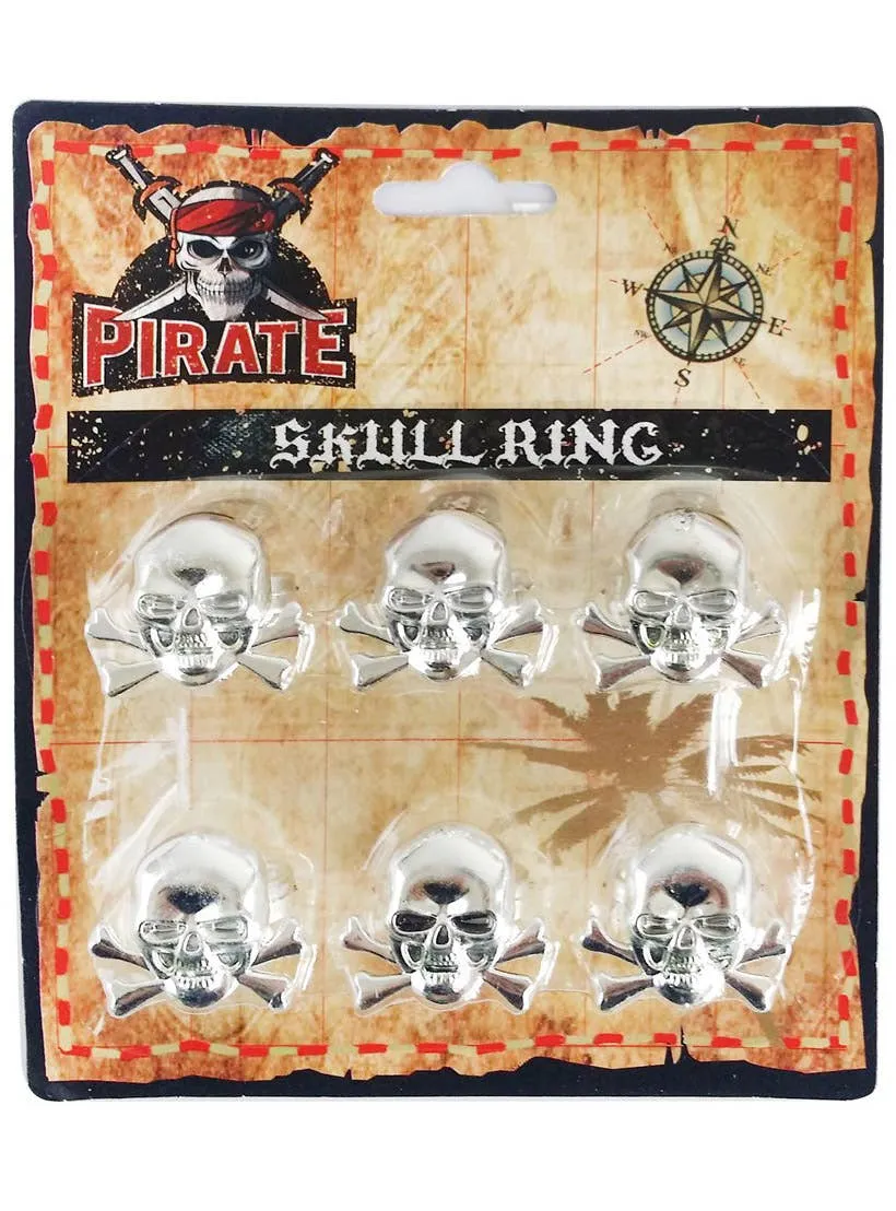 Pirate Skull Silver and Gold 6 Pack Costume Rings