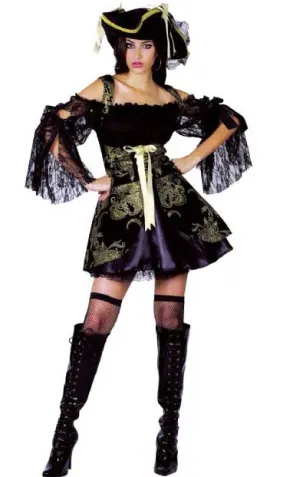 Pirate Wench Womens Black and Gold Fancy Dress Costume
