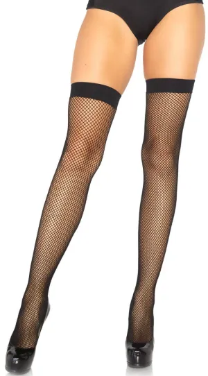 Plain Top Black Fishnet Thigh High Stockings