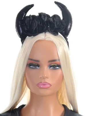 Plush Black Wet Look Devil Horns Headband With Roses