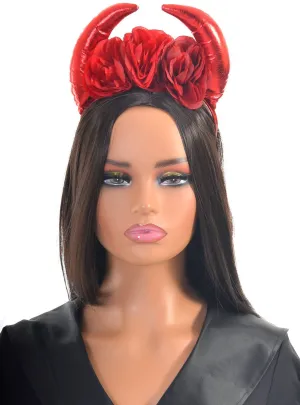 Plush Metallic Red Devil Horns Headband With Roses