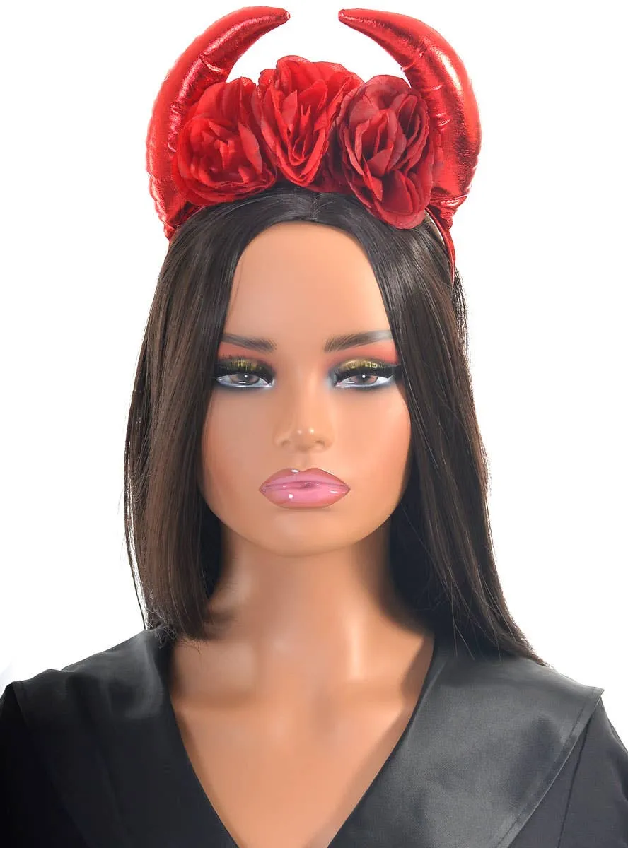 Plush Metallic Red Devil Horns Headband With Roses