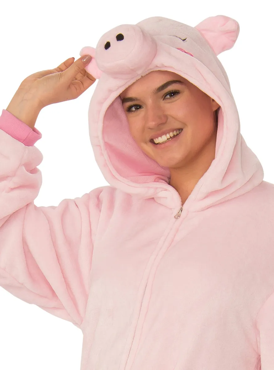 Plush Pink Pig Womens Furry Animal Costume Onesie