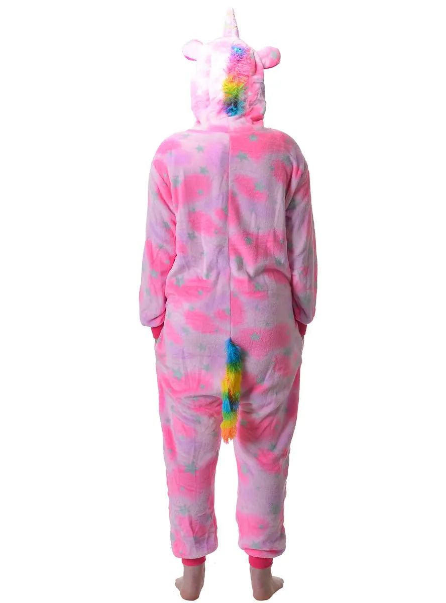 Plush Pink Star Print Adults Unicorn Costume Onesie