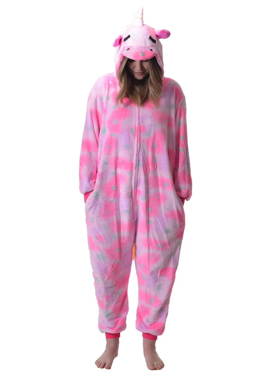 Plush Pink Star Print Adults Unicorn Costume Onesie