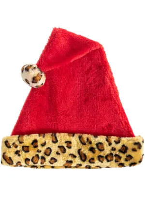 Plush Red Christmas Santa Hat with Leopard Print Trim