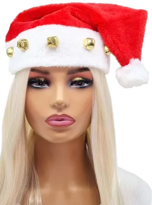 Plush Red Santa Hat with Gold Bells Christmas Accessory