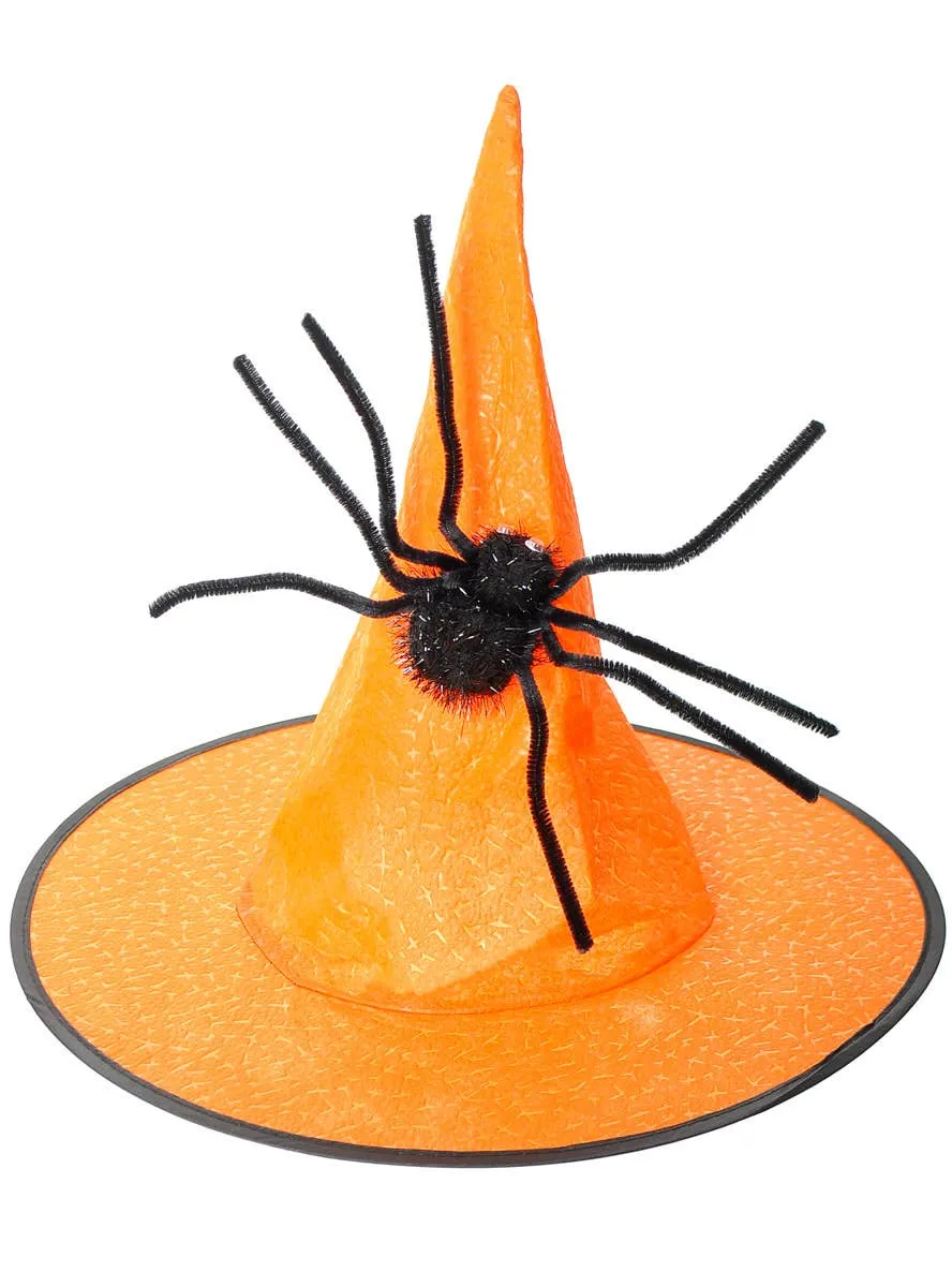 Pointed Orange Witch Hat With Spider Halloween Accessory