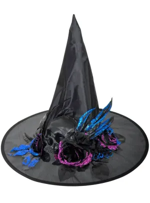 Pointy Black Witch Hat with Glitter Skull and Flowers