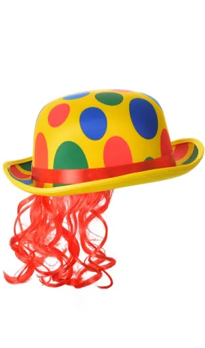 Polka Dot Yellow Bowler Clown Hat with Hair