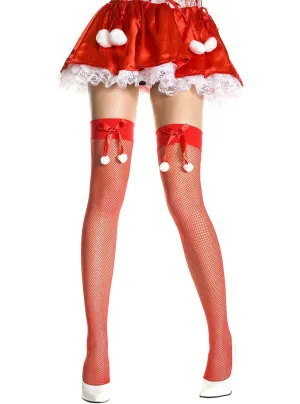 Pom Pom Fishnet Thigh High Red Christmas Stockings