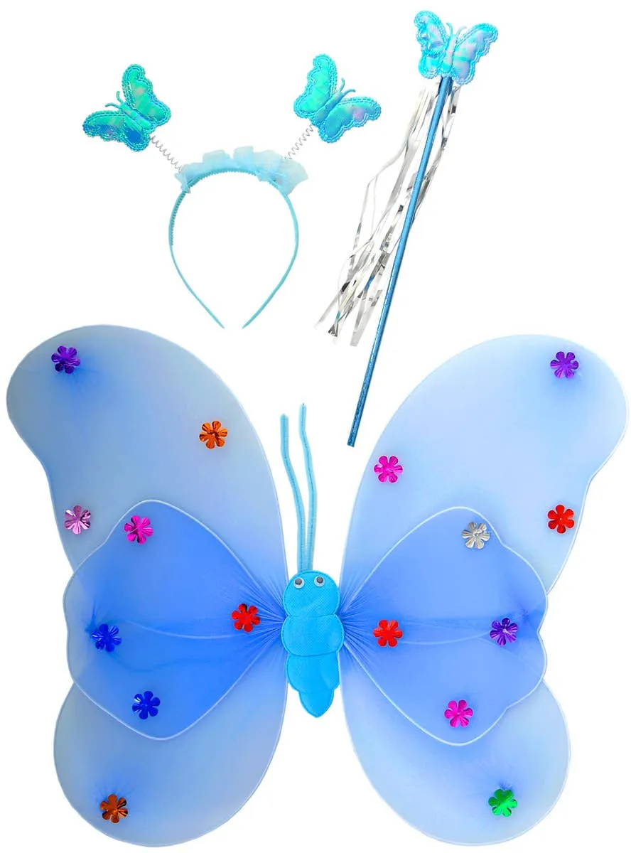 Pretty Blue Girls Butterfly Fairy Wings Accessory Kit