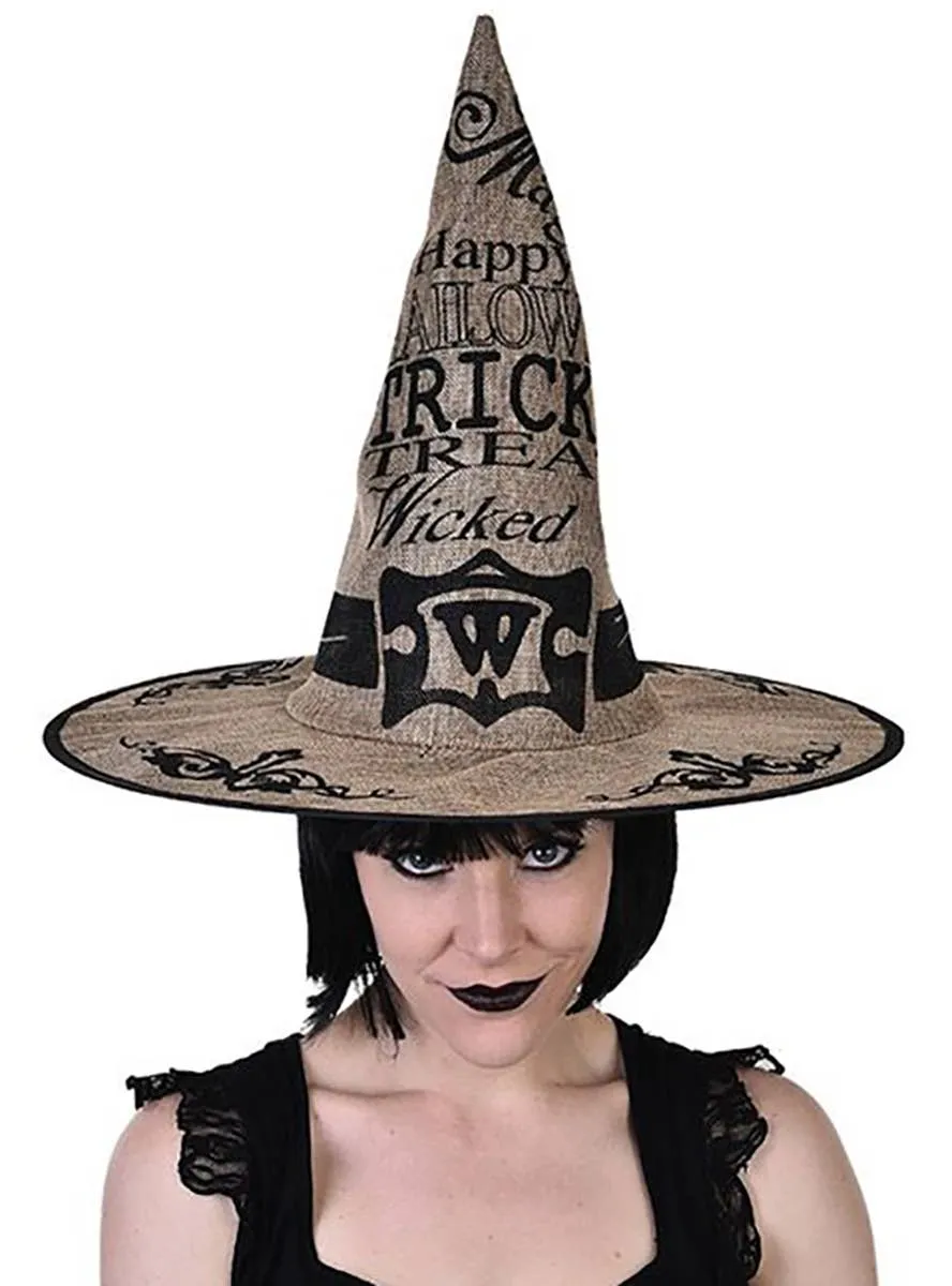 Printed Brown Hessian Halloween Witch Costume Hat