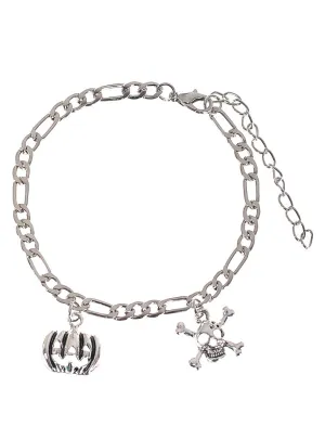 Pumpkin and Skull Silver Metal Halloween Costume Bracelet