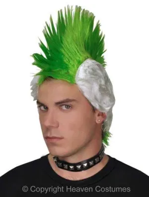 Punk Mohawk Green and White Mens Costume Wig