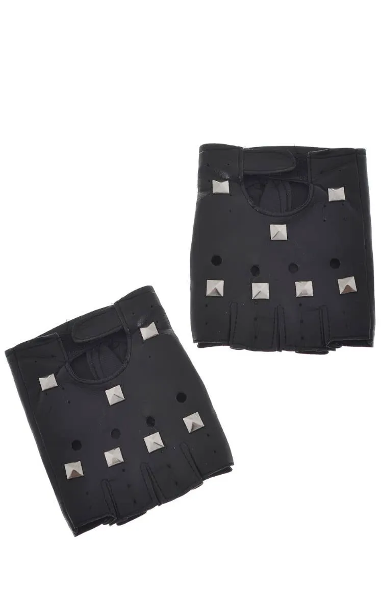 Punk Rock Star Studded Black Fingerless Costume Gloves