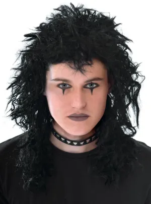 Punk Rocker Mens Black Crimped Mullet Costume Wig