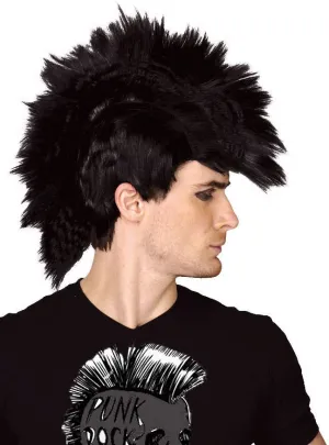 Punk Rocker Mens Black Mohawk Costume Wig