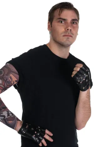 Punk Rocker Studded Black Leather Look Fingerless Gloves