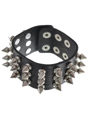 Punk Silver Spiked Wide Black Leather Look Costume Wristband
