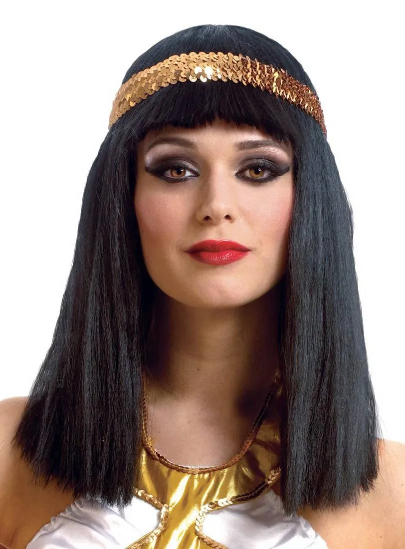 Queen Cleopatra Womens Black Costume Wig with Headband
