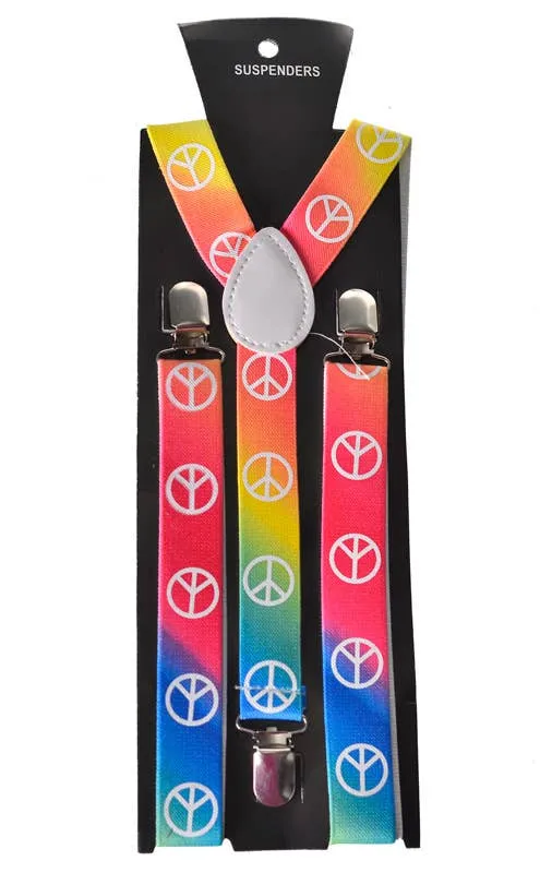 Rainbow 1970s Peace Sign Hippie Costume Suspenders