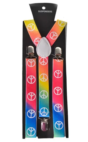 Rainbow 1970s Peace Sign Hippie Costume Suspenders