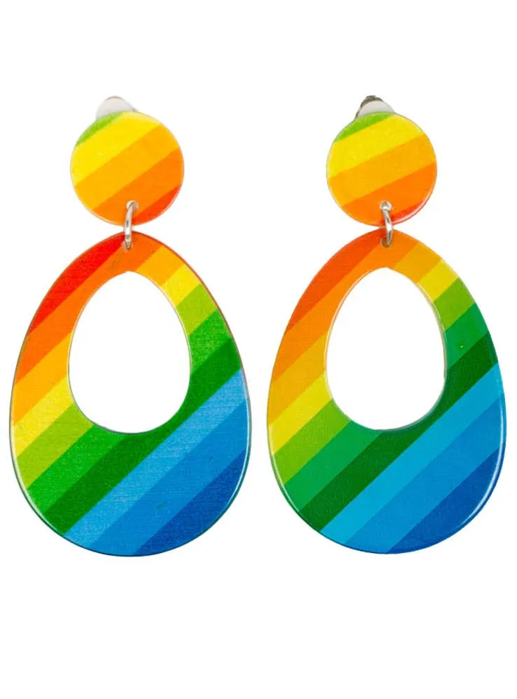 Rainbow 80s Teardrop Clip On Earrings Costume Accessory
