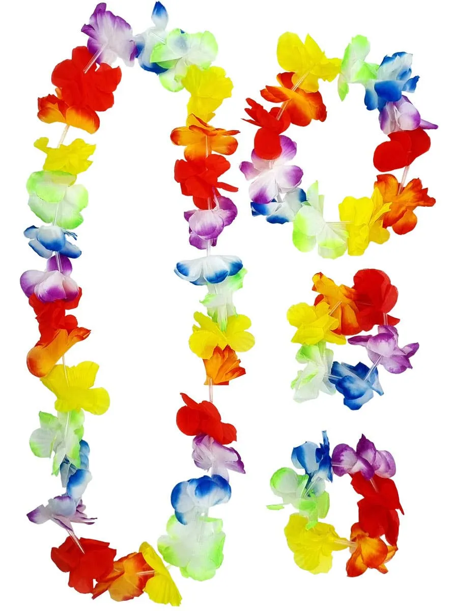 Rainbow Hawaiian Flower 4 Piece Lei Accessory Set