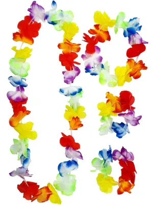 Rainbow Hawaiian Flower 4 Piece Lei Accessory Set