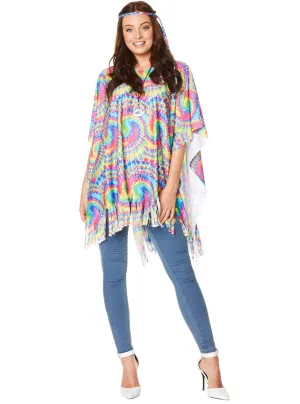 Rainbow Hippie Womens Tie Dye 70s Costume Poncho