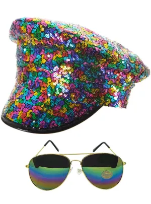 Rainbow Sequin Mardi Gras Festival Hat and Glasses Set