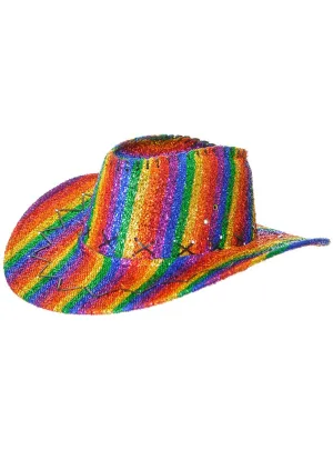 Rainbow Striped Tinsel Mardi Gras Cowboy Hat