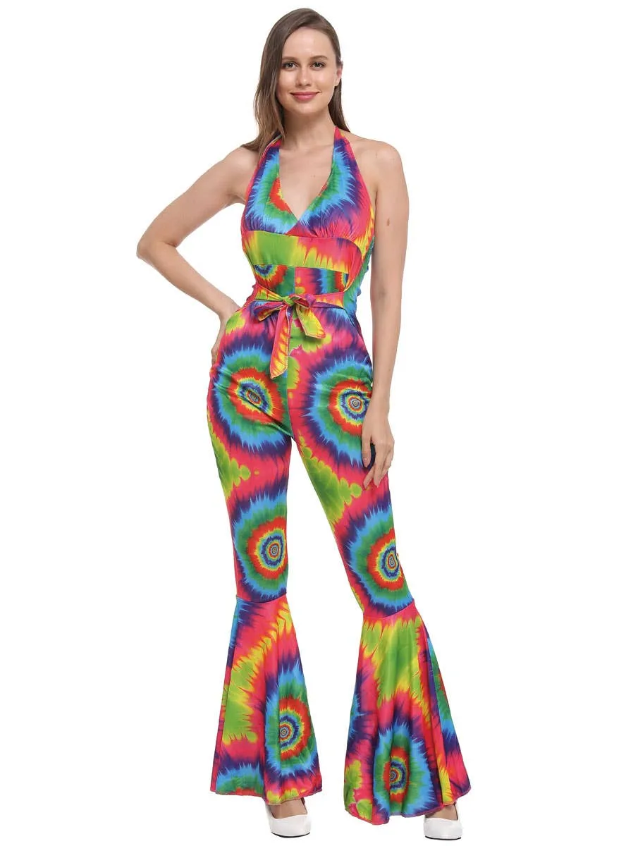Rainbow Tie Dye Womens 1970s Costume Jumpsuit