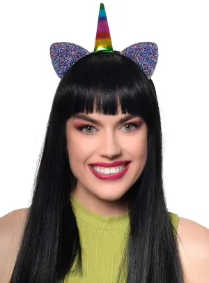 Rainbow Unicorn Horn Headband with Rainbow Glitter Ears