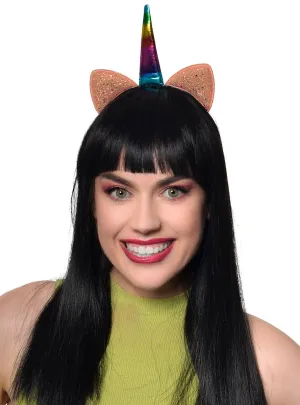Rainbow Unicorn Horn Headband with Salmon Pink Glitter Ears