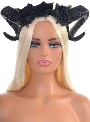 Ram Horns with Black Roses Halloween Costume Headband