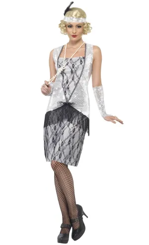 Razzle Dazzle Womens Silver 1920s Flapper Dress Costume