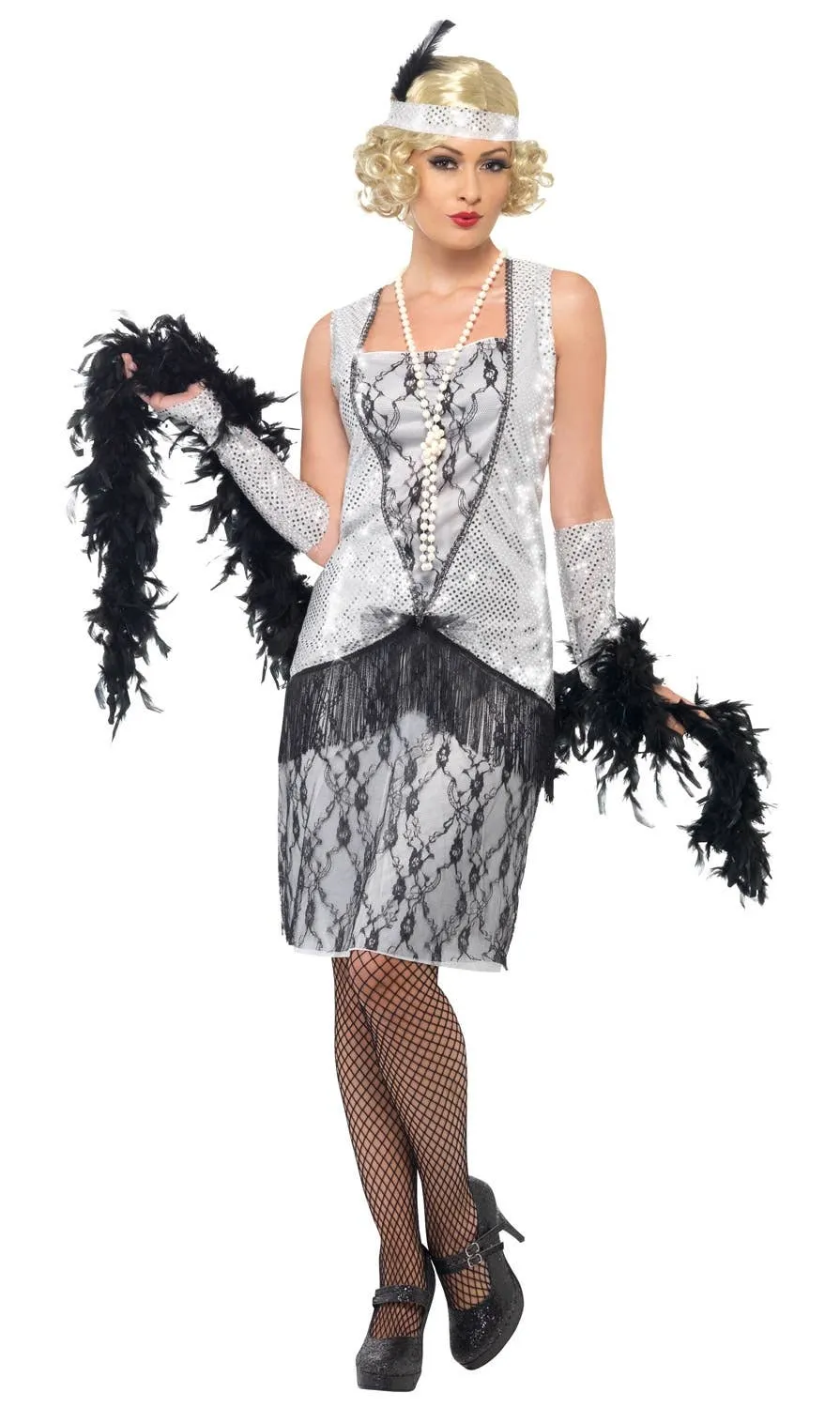 Razzle Dazzle Womens Silver 1920s Flapper Dress Costume