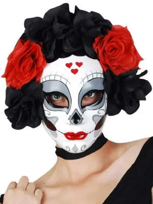 Red and Black Sugar Skull Deluxe Masquerade Mask with Flowers