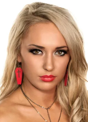 Red Leather Coffins with Black Cross Halloween Earrings