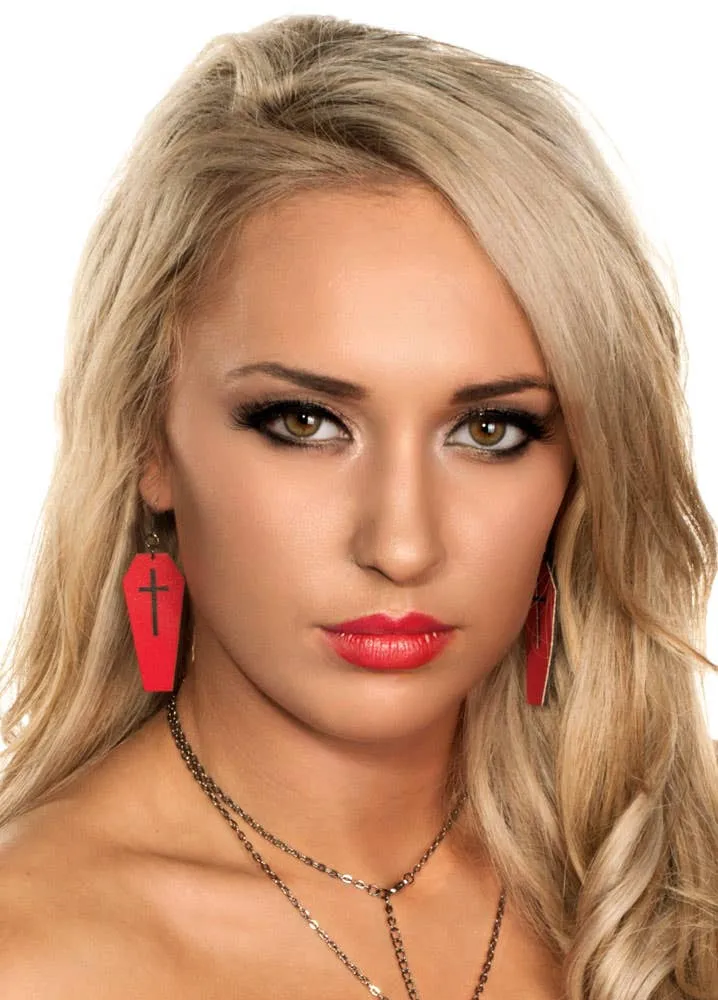 Red Leather Coffins with Black Cross Halloween Earrings