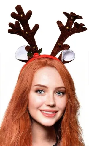 Reindeer Brown Velvet Antlers with Bells Christmas Headband