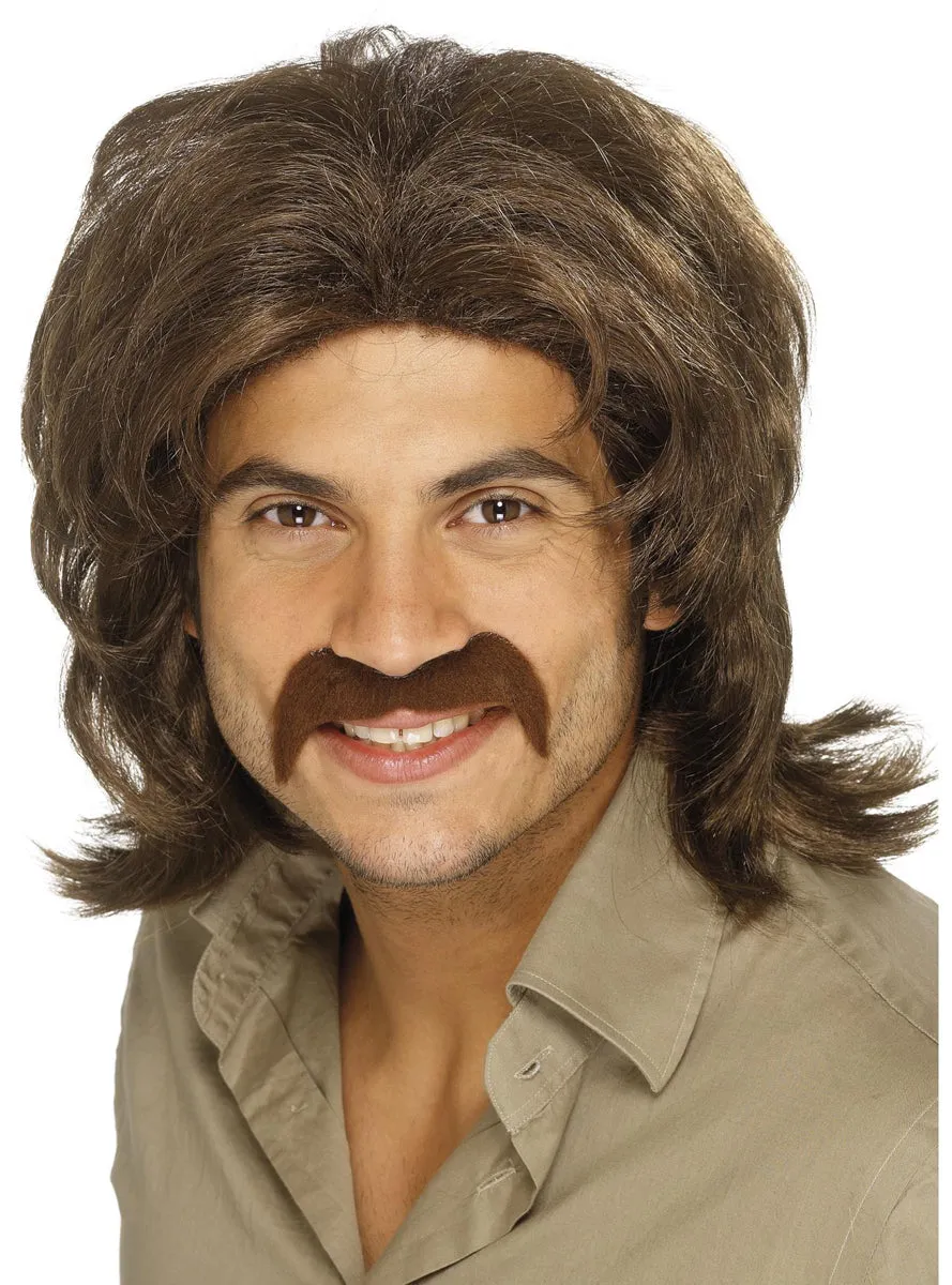 Retro 70s Mens Brown Costume Wig And Moustache Set