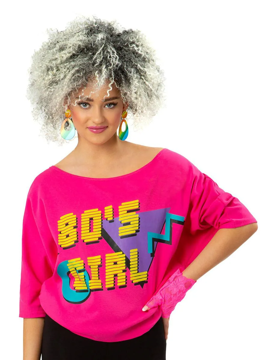 Retro 80s Girl Womens Pink Batwing Costume Top